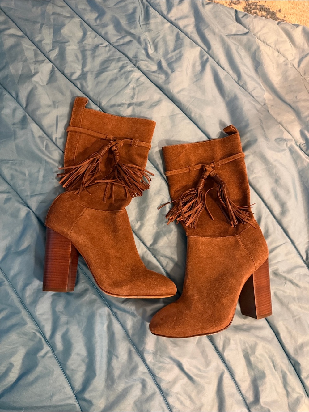 Vince Camuto Tan Suede Tassel Block Heel Ankle Boots